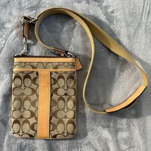 Coach Signature Logo Canvas Mini Crossbody Bag Tan & Brown Zipper Closure